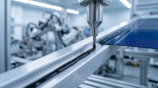 Automated industrial robot arm applying black sealant adhesive to edge of solar panel component in clean room manufacturing facility production line assembly process.