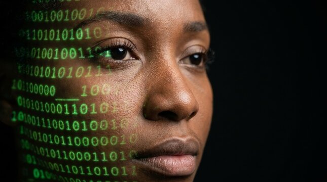Close up of a Black woman's face with binary code projected onto it, representing technology and data