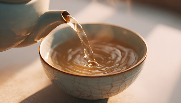 Hot green tea is poured into a cup, forming soft ripples and delicate surface motion. Warm tones, subtle steam and smooth liquid flow create a calming, minimal beverage scene with clean lighting