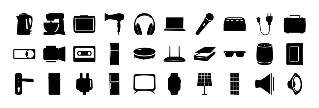 Flat icons set of modern electronic devices and gadgets - Clean flat icons showcasing a variety of modern electronics including cameras, headphones, laptops, and speakers in black and white.