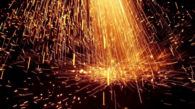 Bright yellow and orange fiery sparks showering down and scattering across a dark surface during an industrial metalworking process.