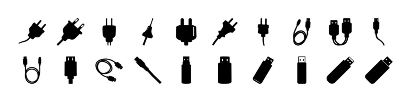 Black usb and power charger plug icons set - Minimalist black line icons showing various USB and power charger plugs, perfect for tech and electronics projects or presentations.