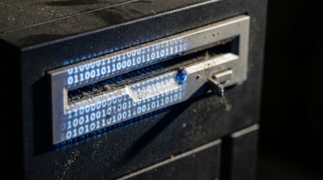 Close-up of a futuristic safe with a glowing binary code display and a key inserted into the slot