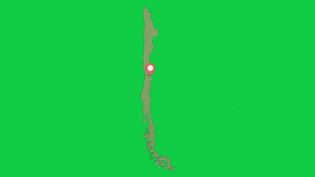 Animated Chile Map with Bouncing Location Marker on Santiago City, Transparent Background, Alpha Channel, 4K resolution