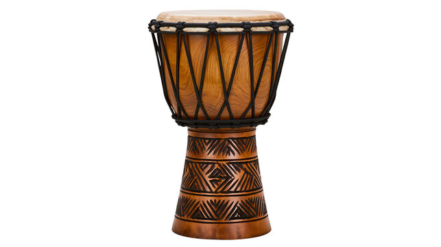Carved wooden djembe drum with natural hide skin head, isolated on transparent background