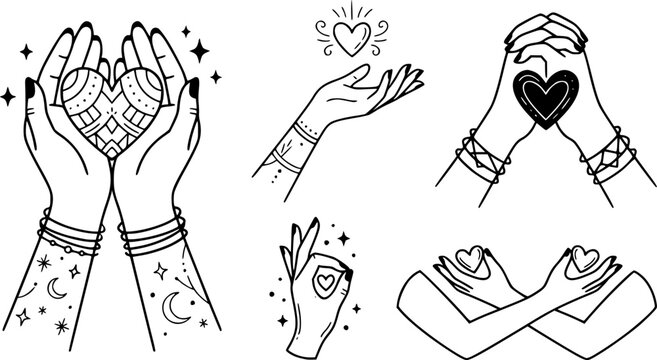 Magic hands with hearts. Boho linear style mystical hand, hand drawn arms with magic heart. Magical hands keep hearts vector symbols set. Arms with tattoos and bracelets, love concept