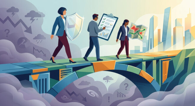 Illustration of colleagues crossing a bridge over risks toward objectives with flags for assess and treat.