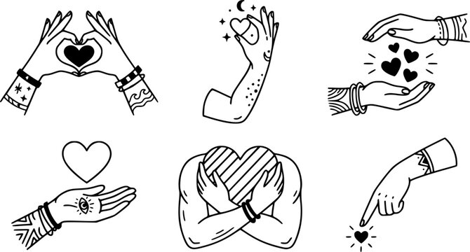 Magic hands with hearts. Boho linear style mystical hand, hand drawn arms with magic heart. Magical hands keep hearts vector symbols set. Arms with tattoos and bracelets, love concept