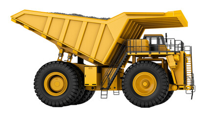 Massive yellow mining dump truck loaded with dirt, isolated on transparent background © Nina