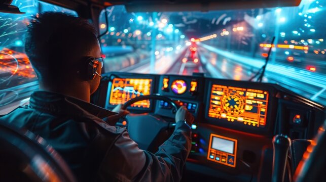 Freight train engineer monitoring controls at night