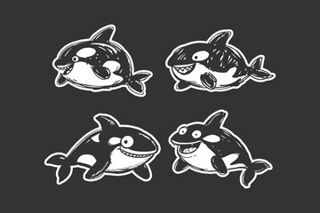 Orca whale collection featuring cute cartoon killer whales in various playful poses drawn with bold lines isolated on a dark grey background for sticker design © DzgnVibe