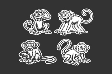 Fototapeta premium Monkey characters set featuring funny cartoon animals in a hand drawn sticker style with thick white outlines isolated on a solid dark gray background surface