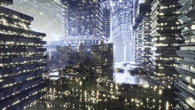 Sunrise reboot over reflective city towers, crisp light revealing glass geometry and quiet transit arteries as architecture awakens to new cycle