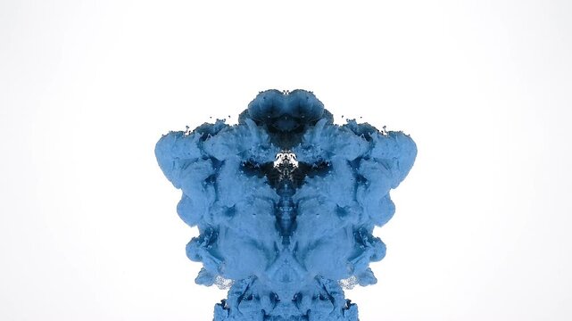 Dusty blue ink spreads into a mirrored winged spirit shape on white, creating an abstract motion background for mythic intros, art therapy screensavers, fantasy branding and ambient stage visuals.