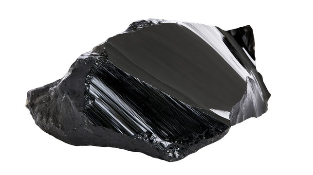 Rough black obsidian shard with sharp edges, isolated on transparent background