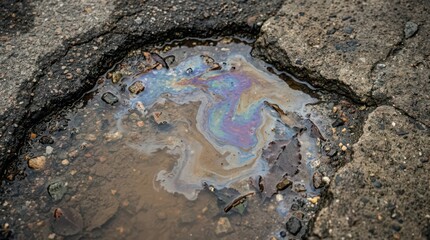 Naklejka premium Close-up of oil slick in cracked asphalt puddle with rainbow iridescent sheen for environmental background and pollution awareness banner