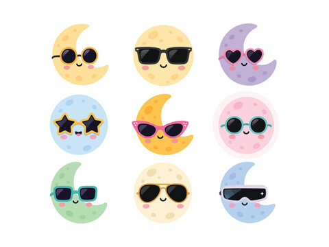 Cute Sunglasses Moon Emoji Set &ndash; Kawaii Night Face Vector Icons Collection