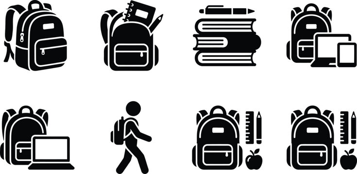 backpack and school supplies icon set with vector silhouettes for education concepts