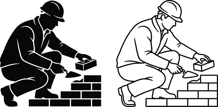 bricklayer worker silhouette outline with construction tools and stacked brick wall icon