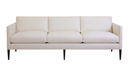 Fototapeta premium Modern three-seater cream fabric sofa with black tapered legs, isolated on transparent background