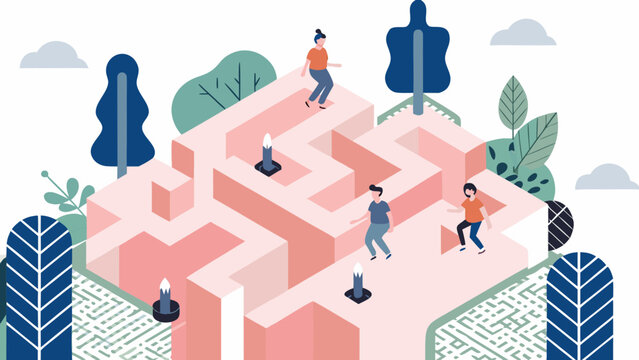 Isometric illustration depicting a pink labyrinth with three stylized figures and surrounding foliage maze puzzle complex challenge