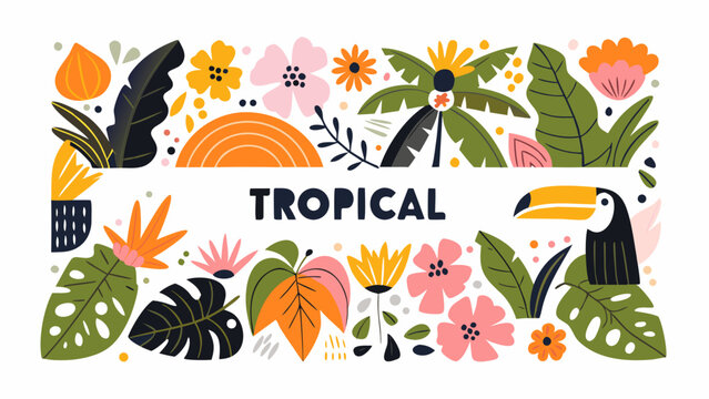 Tropical floral ornament with toucan and leaves a vibrant vector illustration on a white background botanical foliage