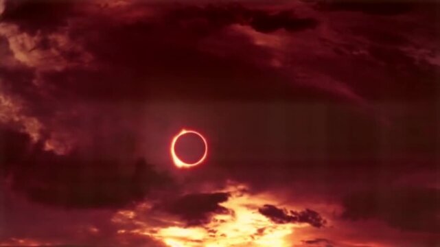 Total solar eclipse ring of fire in dark red sky