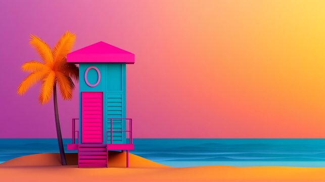 Vibrant beach hut with tropical palm tree, vivid colors, digital art