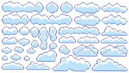 Fototapeta premium An assortment of pixelated cloud shapes presented as a vector illustration with a light gray background 8 bit