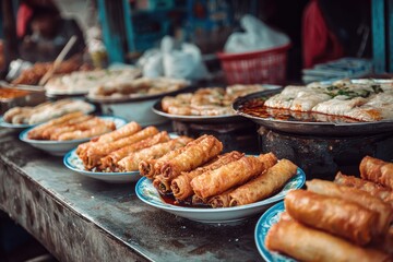Obraz premium Golden fried spring rolls and savory flatbreads arranged on a market stall