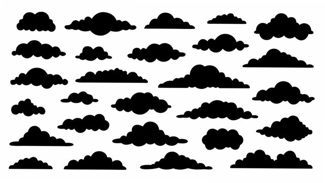 A collection of solid black cloud silhouettes arranged against a plain white background clouds cumulus stratus cirrus
