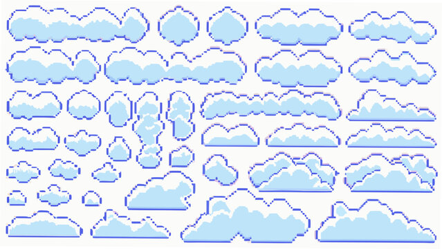 An assortment of pixelated cloud shapes presented as a vector illustration with a light gray background 8 bit