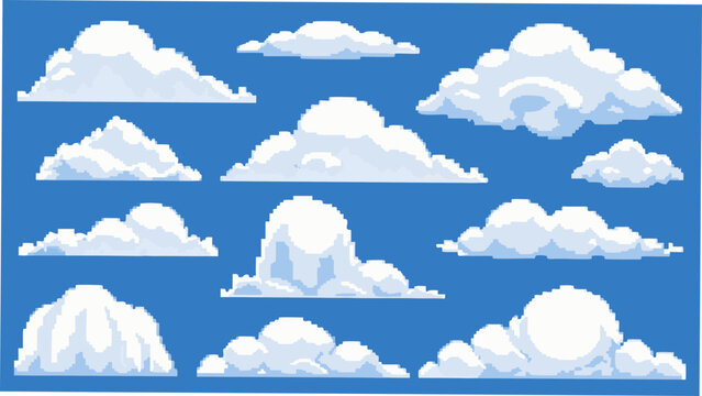 A collection of white pixelated clouds against a bright blue background a digital vector illustration cloudscape cumulus