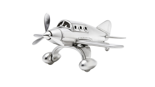 Polished silver metal airplane sculpture with propeller and landing gear, isolated on transparent background