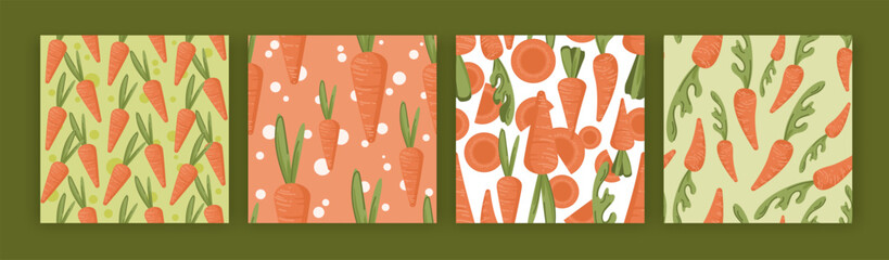 Many carrots icons with fresh green tops seamless patterns set. Simple graphic vegetable background. Bright food print. Cooking element. Autumn harvest season. Art for juice, spice packaging design
