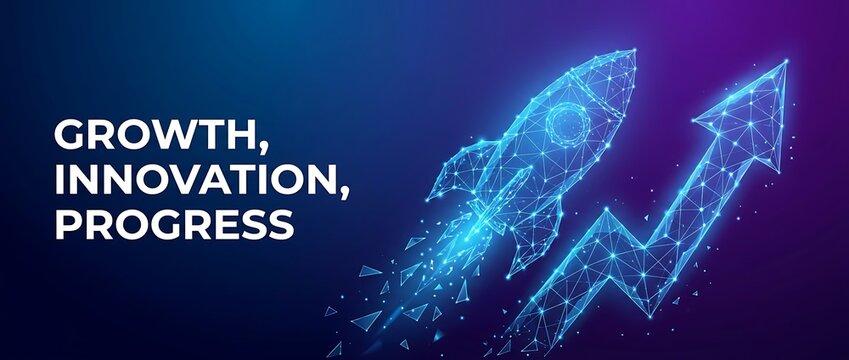 Futuristic abstract rocket and arrow symbolizing growth innovation and progress depicted with glowing geometric network on dark blue background.