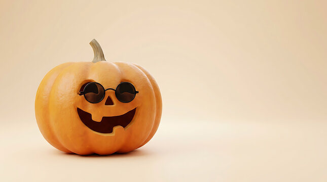 Halloween Cute Jack O Lantern Pumpkin With Round Sunglasses On Plain Background