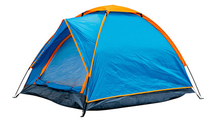 Blue and orange dome camping tent open entrance, isolated on transparent background © Nina