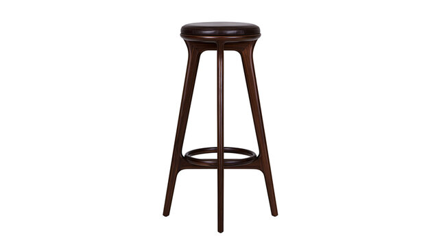 Dark wood bar stool with round leather seat, isolated on transparent background