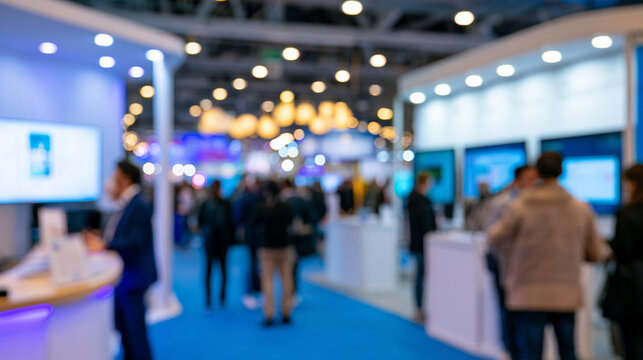 Completely out of focus cybersecurity event with software company exhibition stands