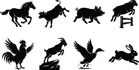 Naklejka premium Vector silhouette set of dynamic farm animals and active livestock running and jumping isolated on white