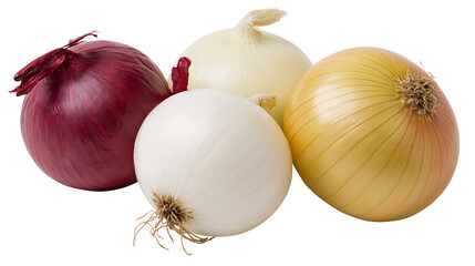 Group of red yellow and white onions, isolated on transparent background © Emilia