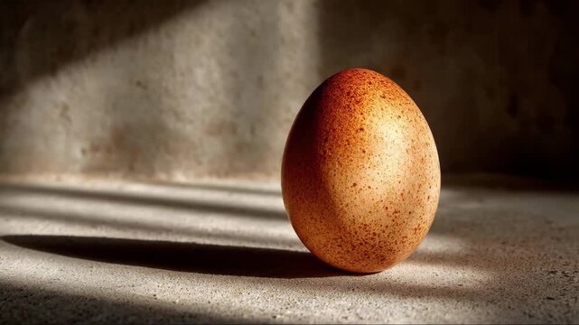 Brown egg stands upright on rough surface indoors. Light casts dynamic shadows and highlights texture. Concept of food, culinary arts, creativity, design