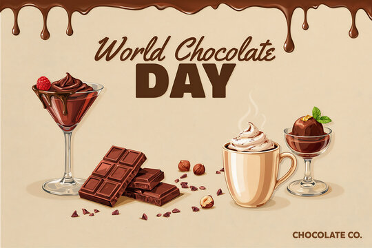 World chocolate day banner design with delicious dark chocolate bars, sweet creamy hot cocoa in a mug, chocolate mousse in a glass and melting syrup dripping from the top edge border