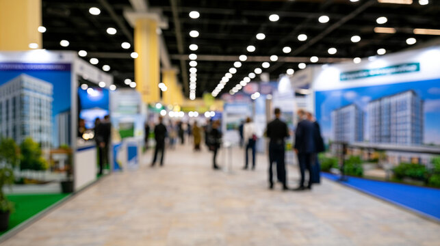 Defocused Real Estate Exhibition with Blurred Property Developer Booths and Housing Investment Stands