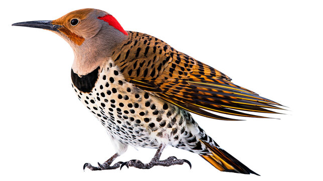 Northern Flicker bird with red crest and spotted chest, isolated on transparent background
