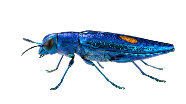 Metallic blue jewel beetle with orange spot, isolated on transparent background