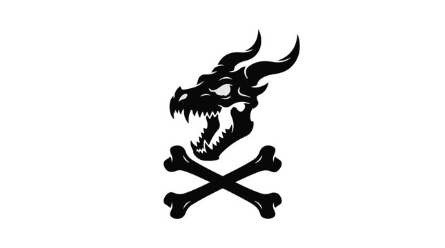 Black dragon head with flames skull and crossbones symbol on white background, pirate Jolly Roger icon, scary monster emblem
