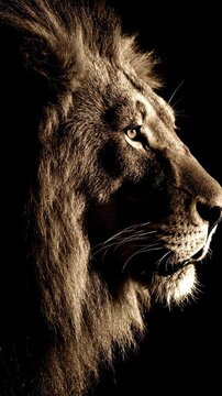 Majestic Lion Profile Close-up with Thick Mane on Black Background, Ideal for Wildlife Documentaries and Nature Content Vertical. Video. Portrait Orientation.