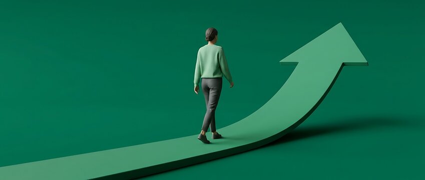 Business growth concept with woman walking up green arrow representing progress and success in career and life journey direction forward.